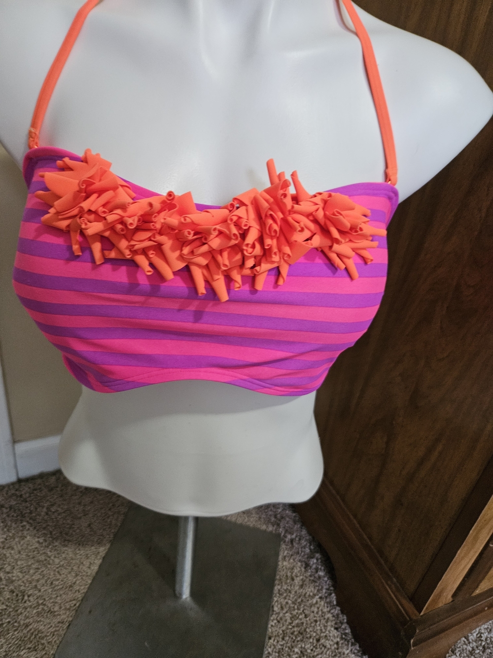 aerie Pink and Neon Orange Striped Bandeau Bikini Top